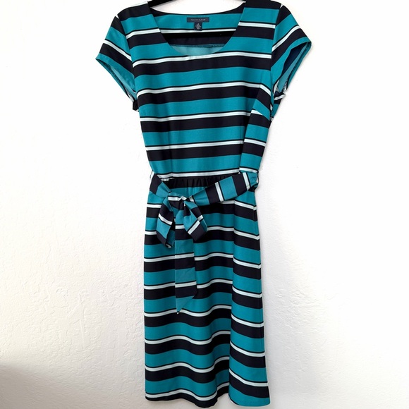 Tommy Hilfiger Teal Black Striped Midi Dress Size Medium Business Casual Preppy - Picture 2 of 12